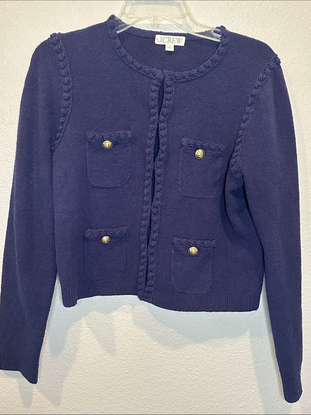J.Crew Navy Bouclé Knit Cardigan Gold Button Jacket Sweater Size S